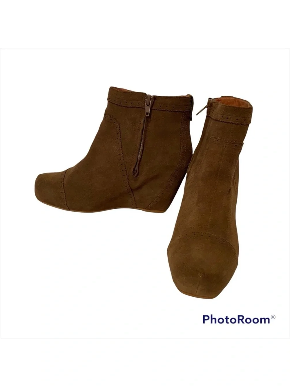 JEFFREY CAMPBELL SHOES BOOTS ANKLE BOOTIES BROWN SUEDE LEATHER WEDGE ZIP SIZE 8